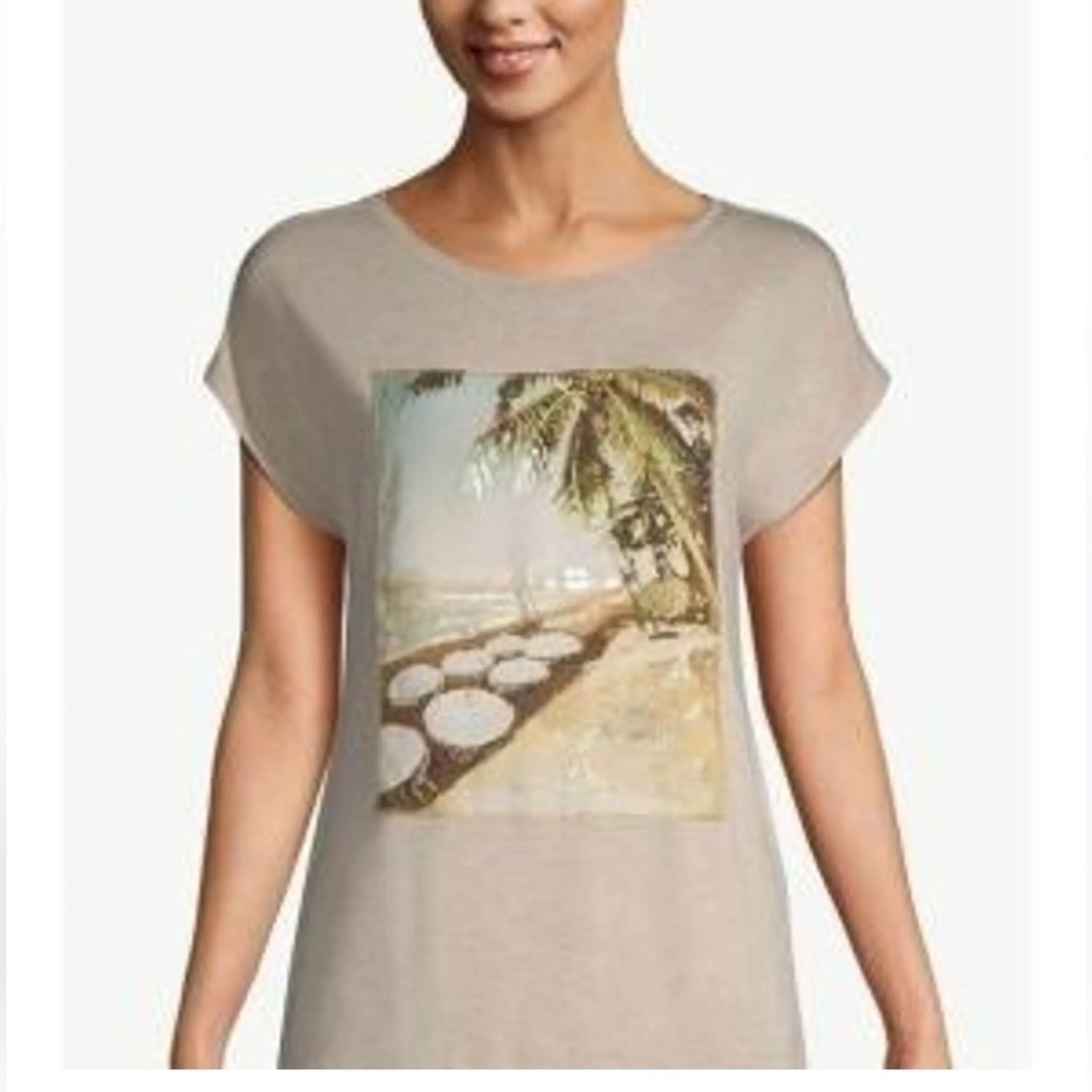 Chico's Beige Top blouse women L beach graphic casual soft vacation resorts